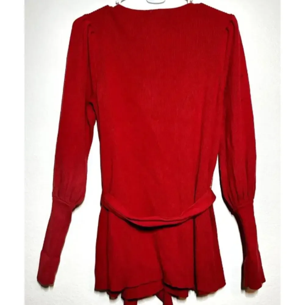 Cabi Gala Cardigan M Red Ribbed Belted Puff Sleeve Wrap Sweater 100 Cotton 5634